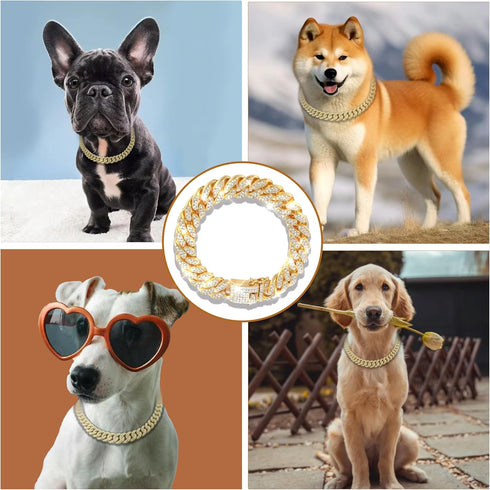 Gold Crystal Cuban Link Dog Collar, Metal Chain Necklace with Secure Buckle for Small Medium Large Dogs Cats (14 inch)