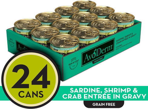 Avoderm Natural Grain Free Sardine, Shrimp & Crab Entree in Gravy Canned Wet Cat Food, 3-Ounce Cans, Case Of 24