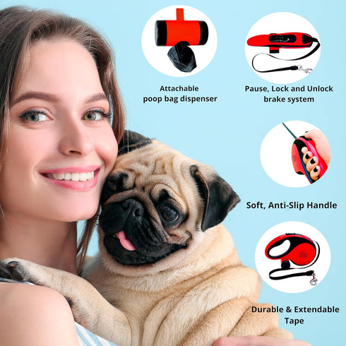 Dog Leash - Retractable Leash for Pets, 16FT Extendable Leash with Removable Poop Bag Dispenser (RED, MEDIUM)