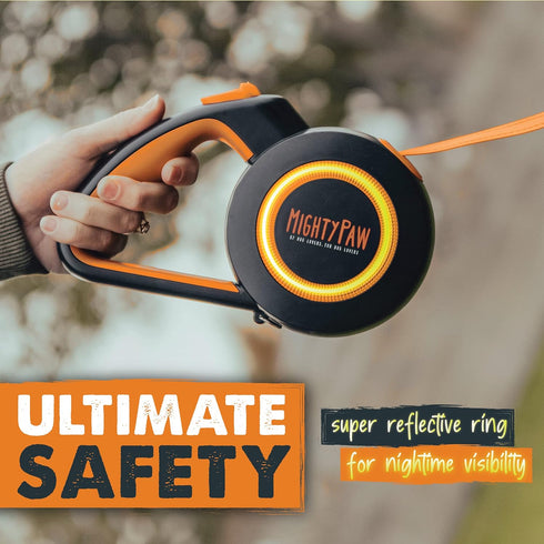 Mighty Paw Retractable Dog Leash with Auto-Locking Button, Stainless Steel Coil & Reflective Ring for Safety