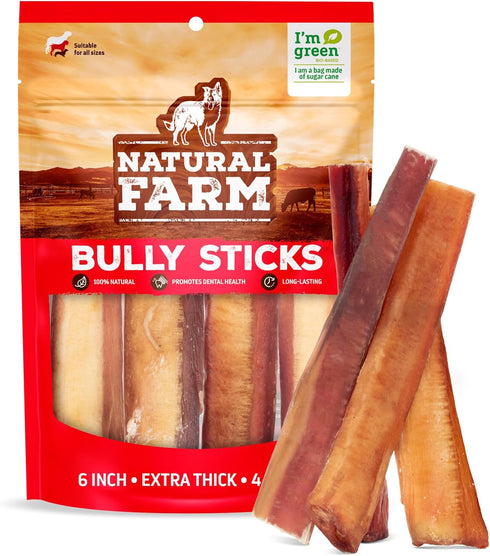 Natural Farm Jumbo Bully Sticks (6 Inch, 4 Pack), Odor Free, Extra-Thick