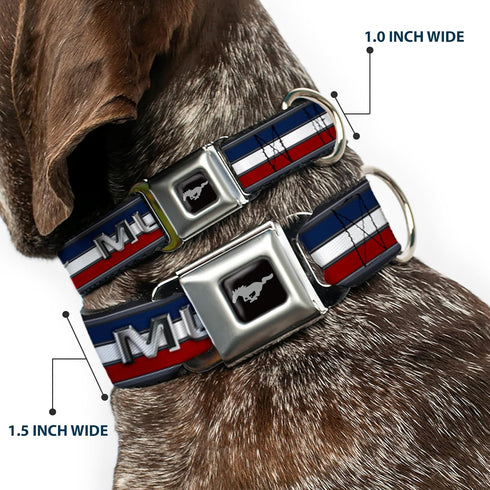Dog Collar Seatbelt Buckle Mustang Text Tri Bar Stripe 1.5 Inch Wide, 13 to 18 Inches