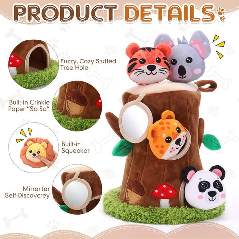 JolliLudo 13 Pcs Hide and Seek Dog Toys Activity Puppy Chew Squeaky Animal Plush Woodland Toys with Crinkle Treehouse