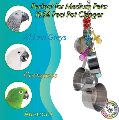1054 by M&M Paci Pot Clanger - Handcrafted Deluxe Noisy Bird Cage Toy, Stainless Steel Measuring Pots, Acrylic