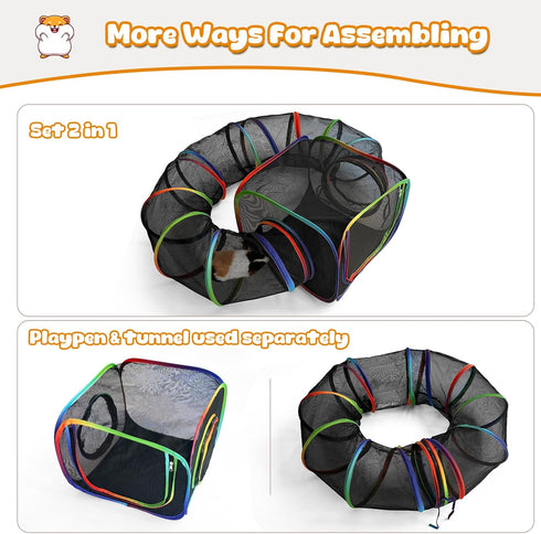 98.4" Chinchilla, Guinea Pig Playpen with Tunnel, Rainbow Playpen with Extended Tube & Open Side, Rabbit Playpen