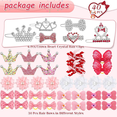 40 Pcs Dog Hair Clips and Bow Crown Accessories for Small Dogs - Princess Style, Crystal Rhinestone Grooming