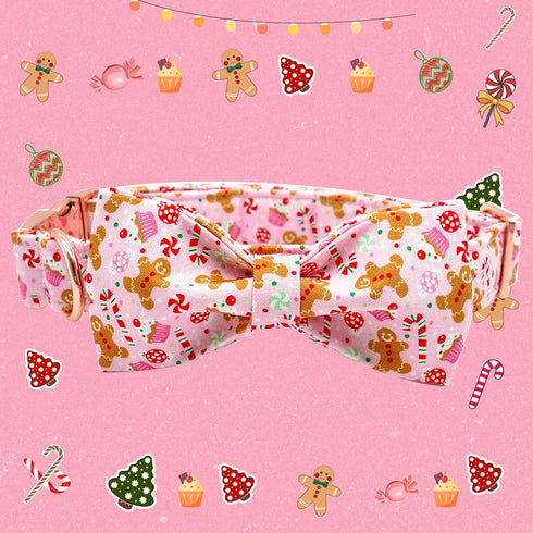 Elegant Little Tail Dog Collar with Bow - Christmas Gingerbread Man Adjustable Collar for X-Large Dogs