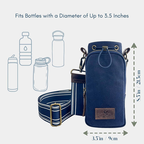 Water Bottle Holder for Walking, Durable Cotton Canvas with Genuine Leather, Insulated Crossbody Strap with Pocket