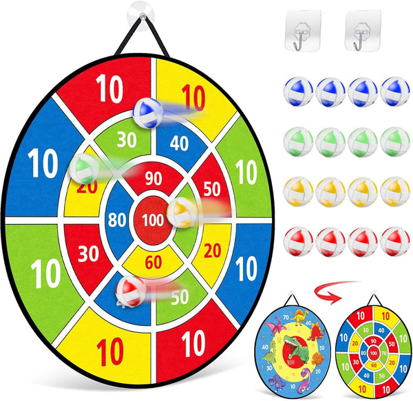 TOMYOU 26" Dart Board for Kids with 16 Sticky Balls, Double Sided Dinosaur Dart Board, Indoor Outdoor