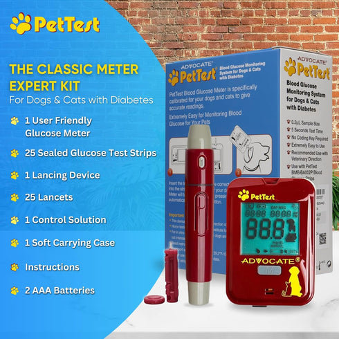 PetTest Glucose Monitoring Kit for Dogs & Cats, Classic Expert Diabetic Blood Sugar Check Kit, Includes Meter, Strips,
