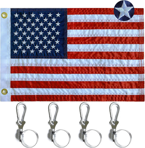 WDGG American Flag for Boat, 12x18 inches with 4 Heavy Duty Clips, Embroidered Stars and Brass Grommets