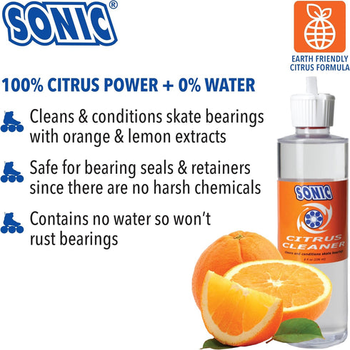 SONIC 8 oz, Citrus Skate Bearing Cleaner, Cleans Inline Skate, Roller Skate and Skateboard Bearings, Earth friendly