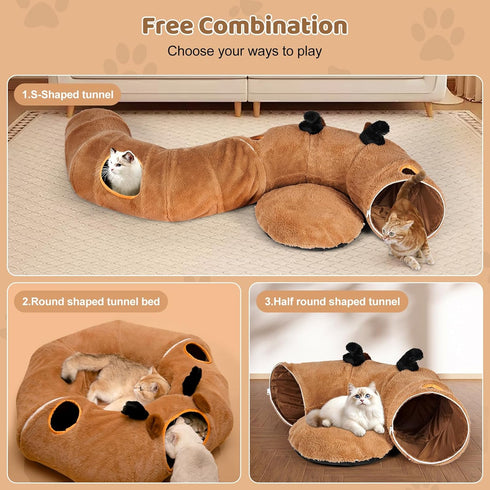 20 3-in-1 Cat Tunnel Bed with Pcs Interactive Toys, DIY Collapsible Plush Cat Tube with Washable Mat, Large Indoor Play