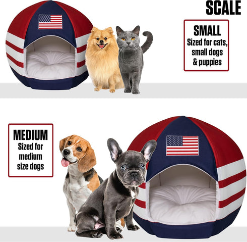 Maccabi Art US Country Dog Bed, Sports Themed Pet Bed, Fits Small Dogs, Puppies, Cats, Non-Slip Igloo Design, 16 x 18 x