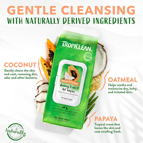 TropiClean Papaya & Coconut Dog Wipes for Paws and Butt, Deep Cleaning Grooming Wipes, Safe for Face, 100 Count