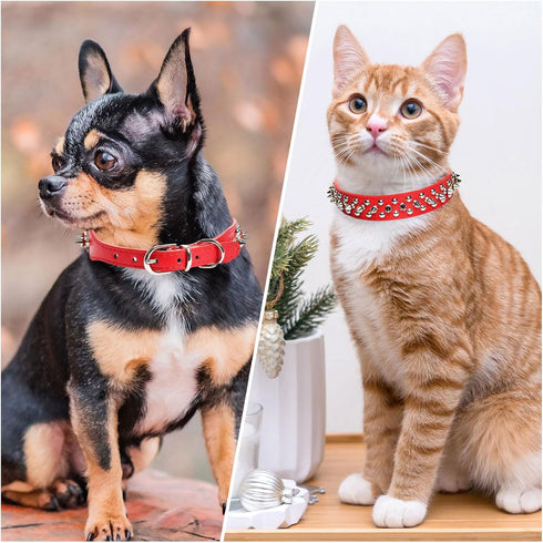 Spiked Soft Leather Dog Collar, Adjustable Anti Bite Studded for Small Medium Large Dogs (Red, L)