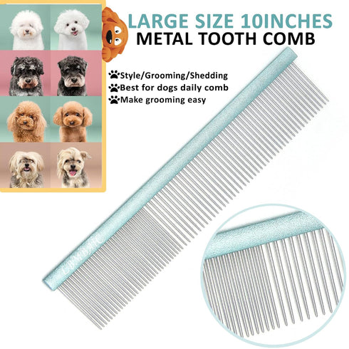 10in Large Dog Grooming Comb for Shedding and Matted Hair, Metal Comb for Large Dogs, Reduces Tangles and Knots