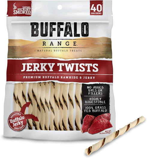 Rawhide Dog Treats, Healthy Grass-Fed Buffalo Jerky Chews, Hickory Smoked Flavor, Jerky Twist, 40 Count