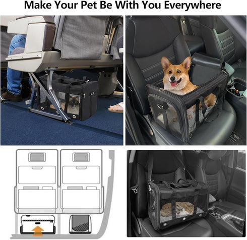 SWUVVI 25 LbsBlack Soft Sided Cat/Dog CarrierCollapsible Mesh Pets Travel Carriers for Pet/Puppy with Shoulder Strap