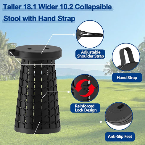 18.1" 600lbs,Retractable Upgraded Collapsible Stool with Adjustable Strap,Lightweight Folding Stool,Load Capacity