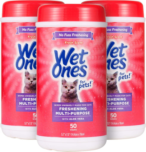 Wet Ones for Pets Freshening Wipes for Cats, 50 Count- 3 Pack, Aloe Vera, Easy to Use Cat Grooming Wipes, Fresh Scent