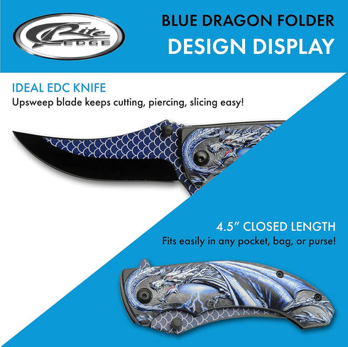 SZCO Supplies 300551-BL Blue Dragon Assisted Open Folding Knife, 8" Length, Liner Lock Edc Upsweep