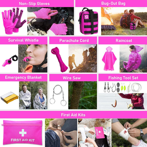 Pink Survival Kits with First Aid Kit, Hiking Camping Gear for Women, Professional Bug Out Bag Set