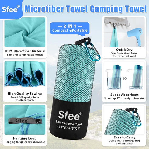 Sfee 2 Pack Microfiber Travel Towel, Quick Dry Camping Beach Towel, Super Absorbent Lightweight Sports Gym Towels