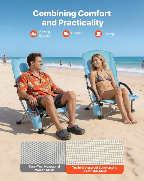 330 lbs VEVOR Folding Beach Chair, High Back Camping Chairs for Adults, with Cup Pocket, Mesh Back, Carry Bag, Portable