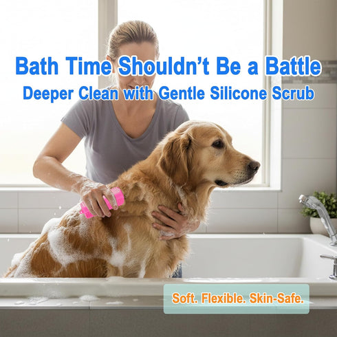 3-in-1 Triangular Dog Bath Brush for Dogs & Cats, Silicone Pet Grooming Brush with Deshedding Bristles, Massage Cones