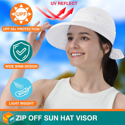 SUN CUBE Women Wide Brim Sun Hat for Outdoor UV Protection, Convertible Zip-Off Beach Hat Ponytail Visor