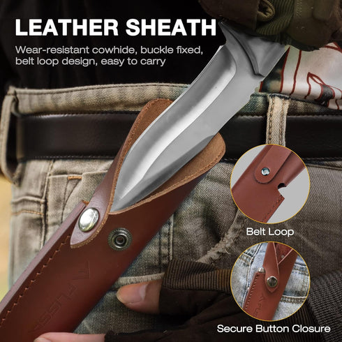 Flissa Fixed Blade Knife with Sheath, 9.8'' Full Tang Hunting Knife with High Carbon Steel Blade, Camping Knife