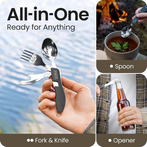 Orblue 4-in-1 Camping Eating Utensils, 2-Pack, Portable Spoon, Fork, Knife & Bottle Opener Combo Set, Black