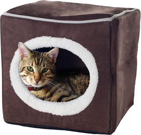 Cat House - Indoor Bed with Removable Foam Cushion, Dark Brown, 13x13.5x12"