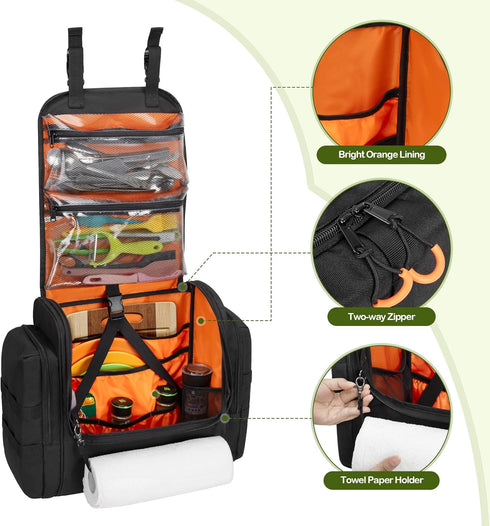 HODRANT Large Tactical Camping Kitchen Organizer, Hanging Cookware Storage Bag with Paper Towel Holder & Multi Pockets