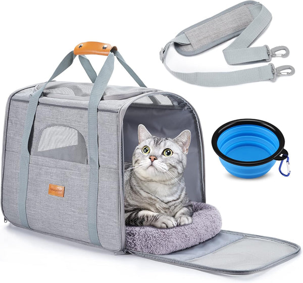 Morpilot Portable Cat Carrier, Soft-Sided for Medium Cats and Puppies up to 15lbs, Airline Approved, Light Gray