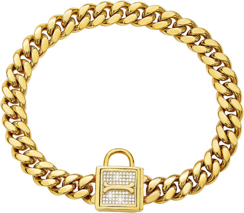 Chain Dog Collar with Zirconia Locking, 12mm 18K Gold Cuban Link Chain, Stainless Steel Luxury Dog Bling Necklace