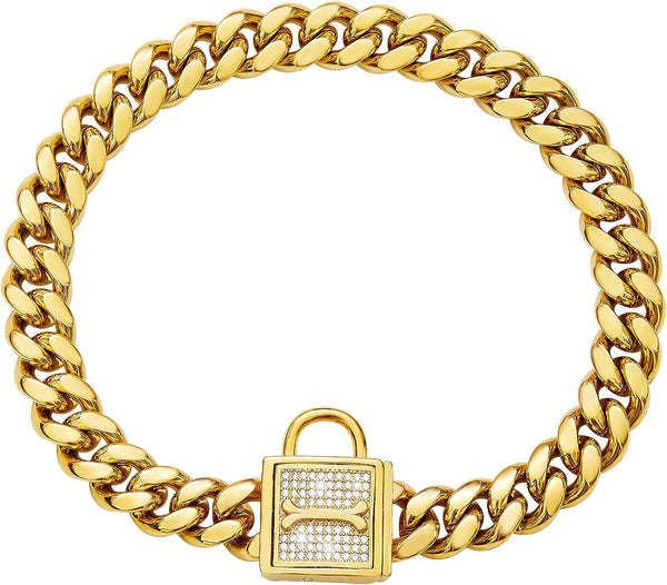 Chain Dog Collar with Zirconia Locking, 12mm 18K Gold Cuban Link Chain, Stainless Steel Luxury Dog Bling Necklace