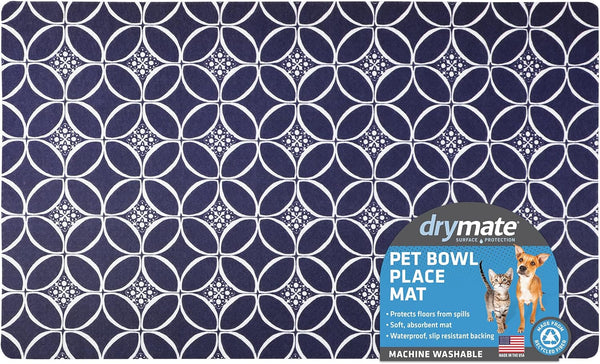 Drymate Pet Bowl Placemat - Dog & Cat Food Feeding Mat, Absorbent Fabric, Waterproof Backing, Machine Washable (12” x