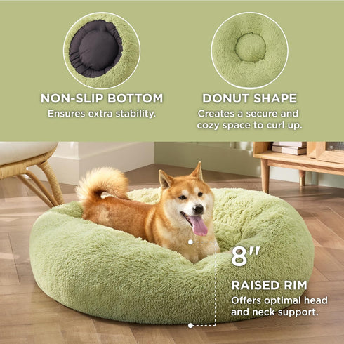 Bedsure Calming Dog Bed for Medium Dogs, Donut Washable Pet Bed, Anti-Slip Round Fluffy Faux Fur, Green, 30 inches.