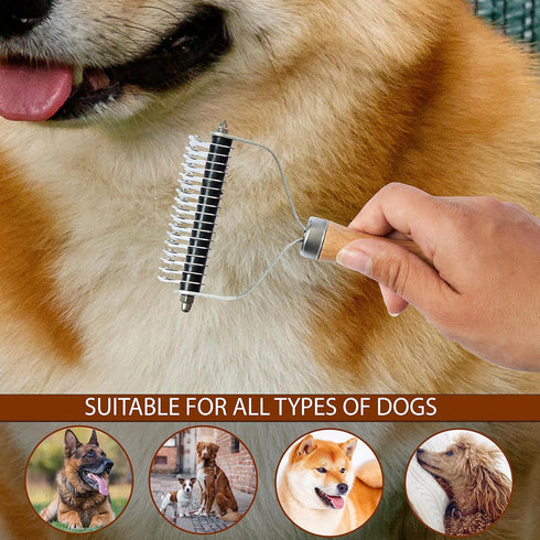 Pet Undercoat Rake for Dogs and Cats - Double-Sided Steel Blade for Shedding Control with Wooden Handle