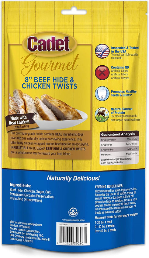 Cadet Gourmet Beef Hide Twist Chew Sticks, 6 Count, Long Lasting Natural Chew Treats, Chicken Flavor