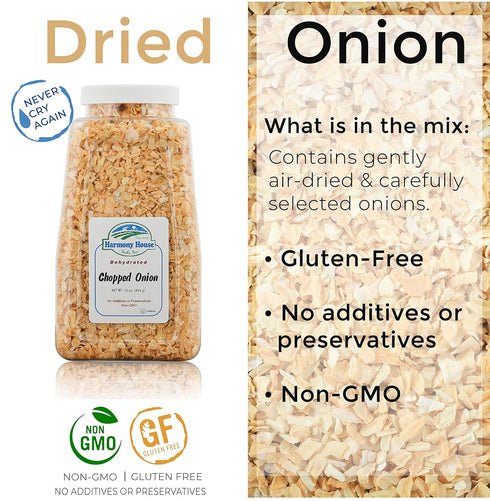 16 Harmony House Foods, Dried Onions, Chopped, Ounce Quart Size Jar