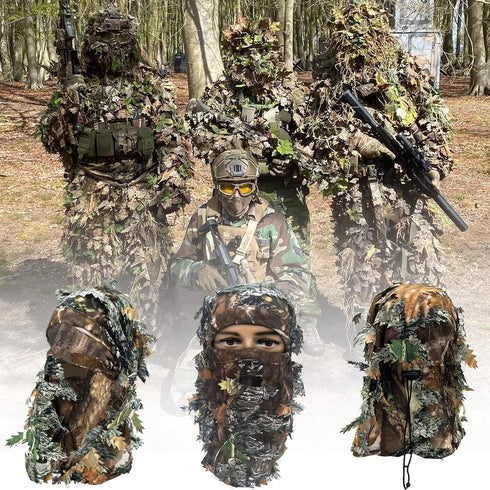 Ghillie Camouflage Leafy Hat with Camo 3D Leaf Face Mask, Full Coverage Breathable Hunting Mask Accessories