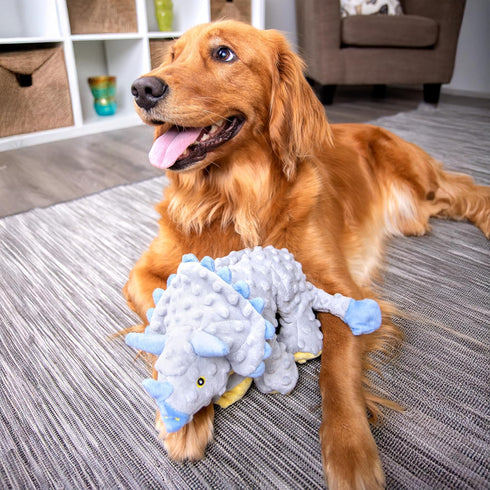 goDog Dinos Frills Squeaky Plush Dog Toy with Chew Guard Technology, Durable Fabric & Squeaker for Active Play, Gray