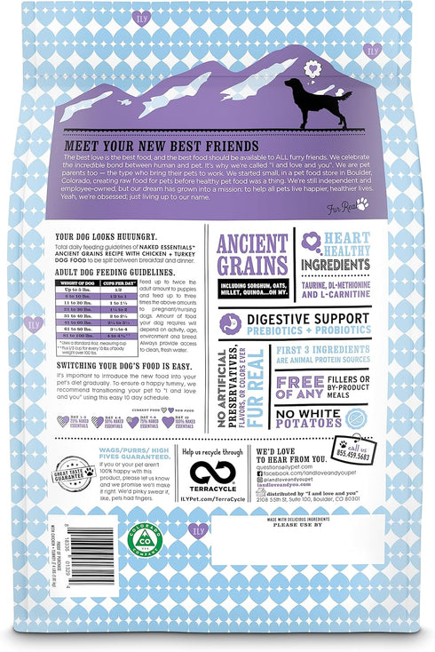I and love and you Naked Essentials Ancient Grains Dry Dog Food - Chicken + Turkey, High Protein, 4lb Bag