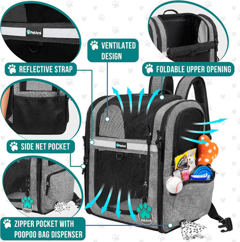 PetAmi Dog Backpack Carrier for Small Large Cats and Puppies, Ventilated Travel Bag, Airline Approved, Grey
