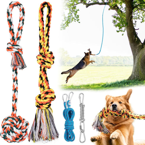 Dog Outdoor Bungee Hanging Toy - Blue Interactive Tree Tug Toy with Metal Spring Kit & 2 Rope Toys