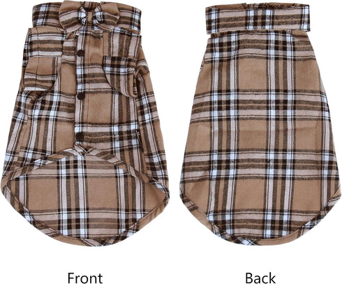 Soft Casual Dog Plaid Shirt,Gentle Dog Western Shirt Pet Clothes, Dog Cotton Shirt with Bow Tie for Wedding,Christmas Costumes (Large, Dark Khaki)