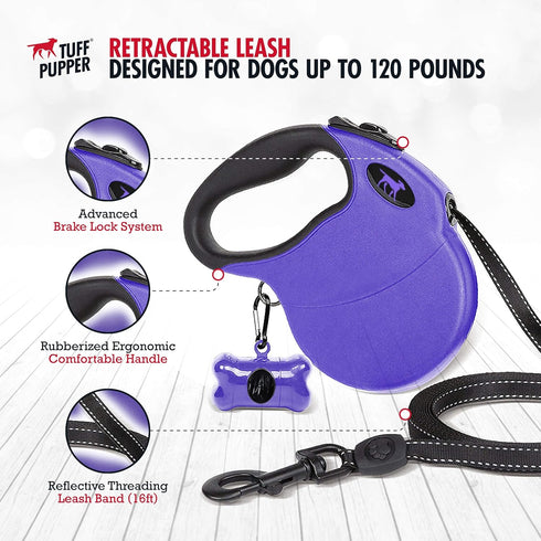 Tuff Pupper Heavy Duty Retractable Dog Leash, 16 ft with Reflective Stitching for Nighttime Safety for Dogs Up to 120